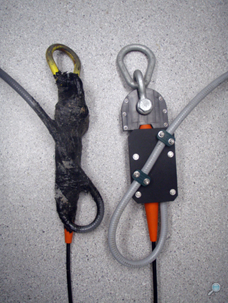 Left: Original strain relief (tape / liquid rubber); Right: New quick connect strain relief